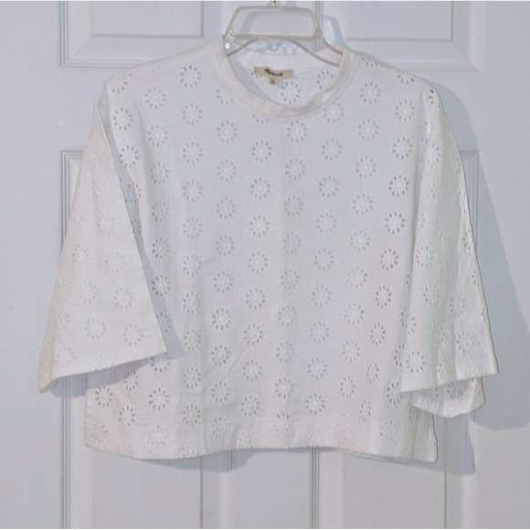 Madewell XS Eyelet Embroidered Boxy‎ Crop Top Short Sleeve White Casual NWT $58 - Picture 5 of 11